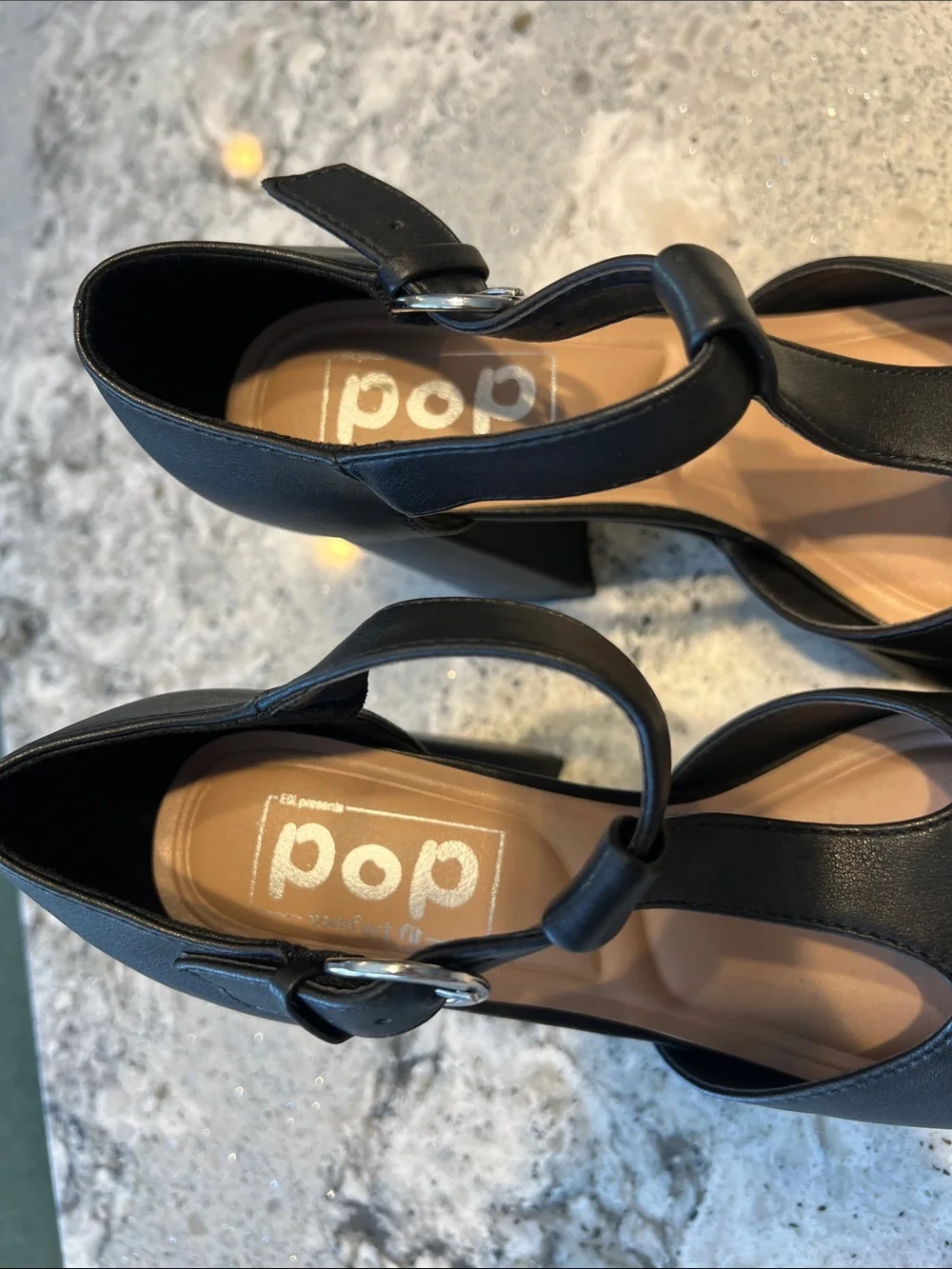 Pop Comfort Fit Black T-Strap Platform Mary Jane Block Heels Size 6 NWOB